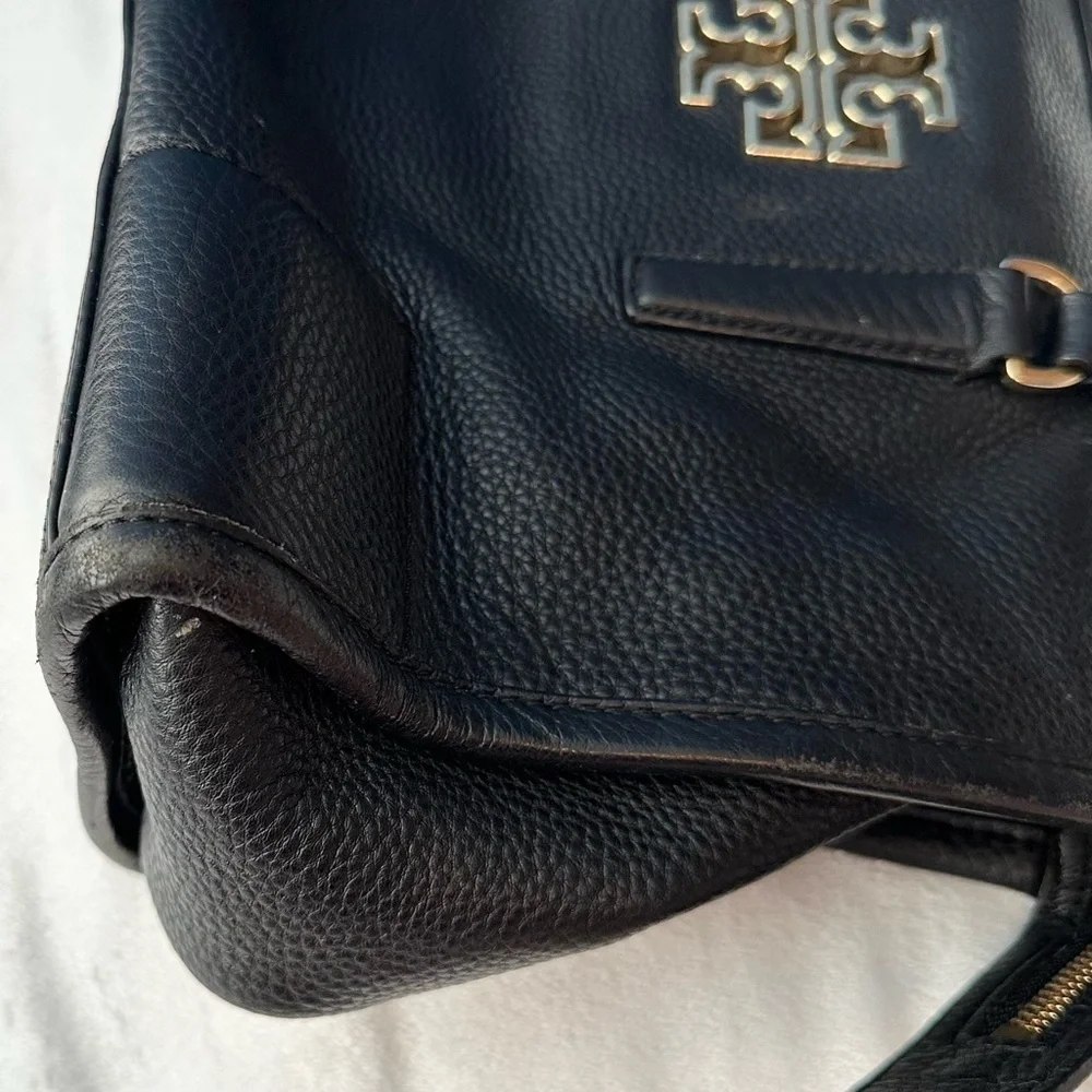 Tory Burch Britten Satchel Black Pebbled Leather Handbag Bag
